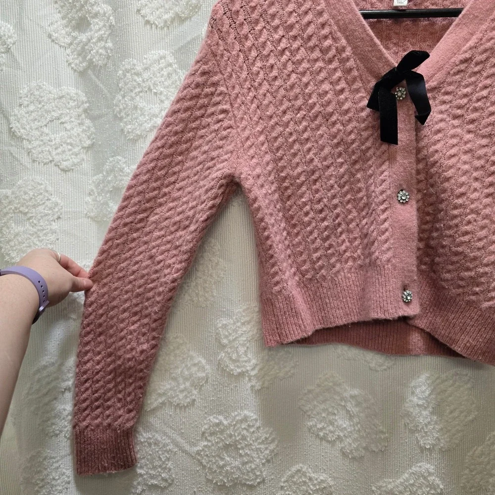JCrew Crewcuts Girls Pink Merino Alpaca Cropped Cardigan Rhinestone Bow XL 12-13